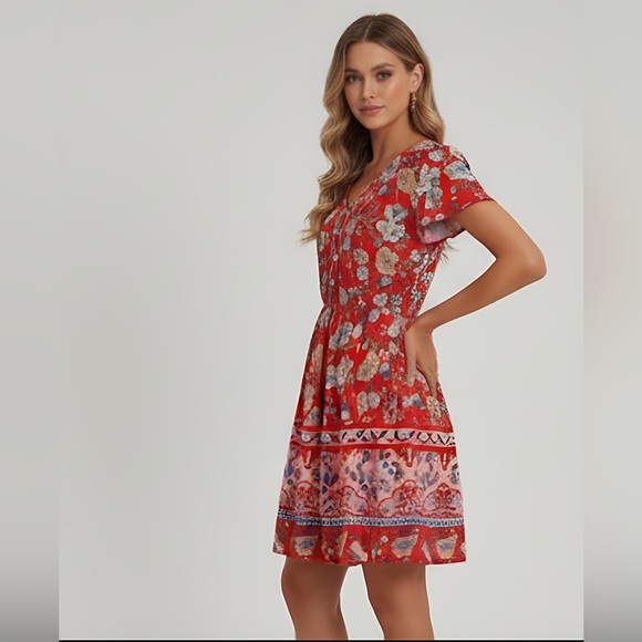 Red Boho Floral Print Petal Sleeve Dress - Picture 4 of 6